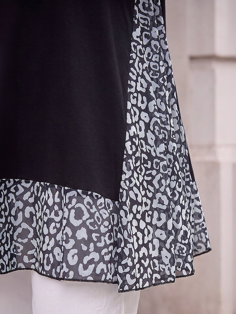 Roman Black Animal Print Contrast Mesh Hem Stretch Top - Image 4 of 4