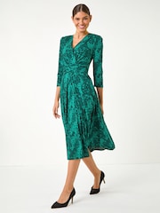 Roman Green Animal Print Mock Wrap Midi Dress - Image 1 of 5