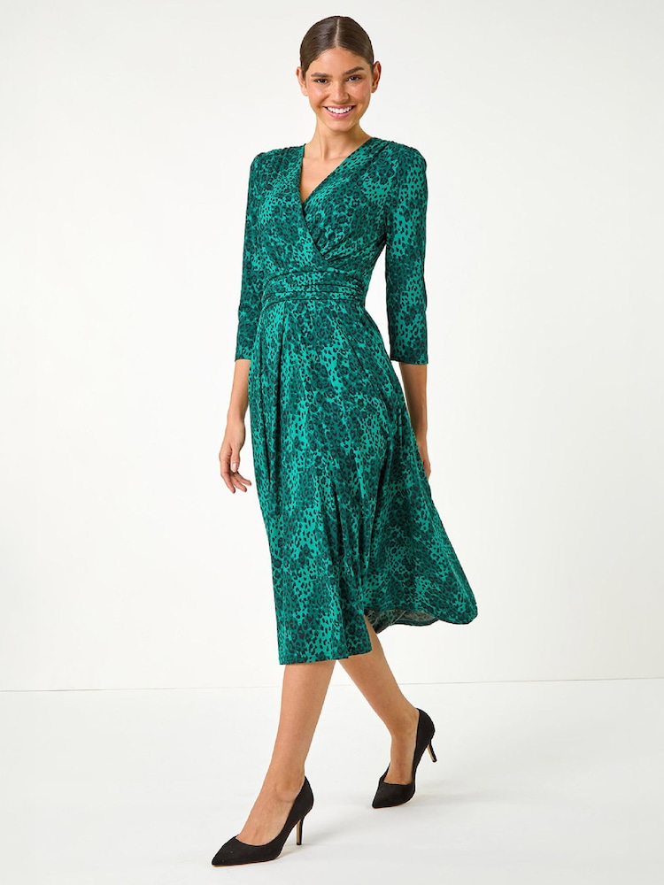 Roman Green Animal Print Mock Wrap Midi Dress - Image 1 of 5 Roman Green Animal Print Mock Wrap Midi Dress - Image 1 of 5