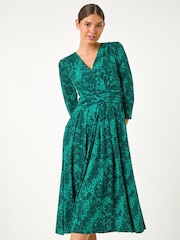 Roman Green Animal Print Mock Wrap Midi Dress - Image 2 of 5