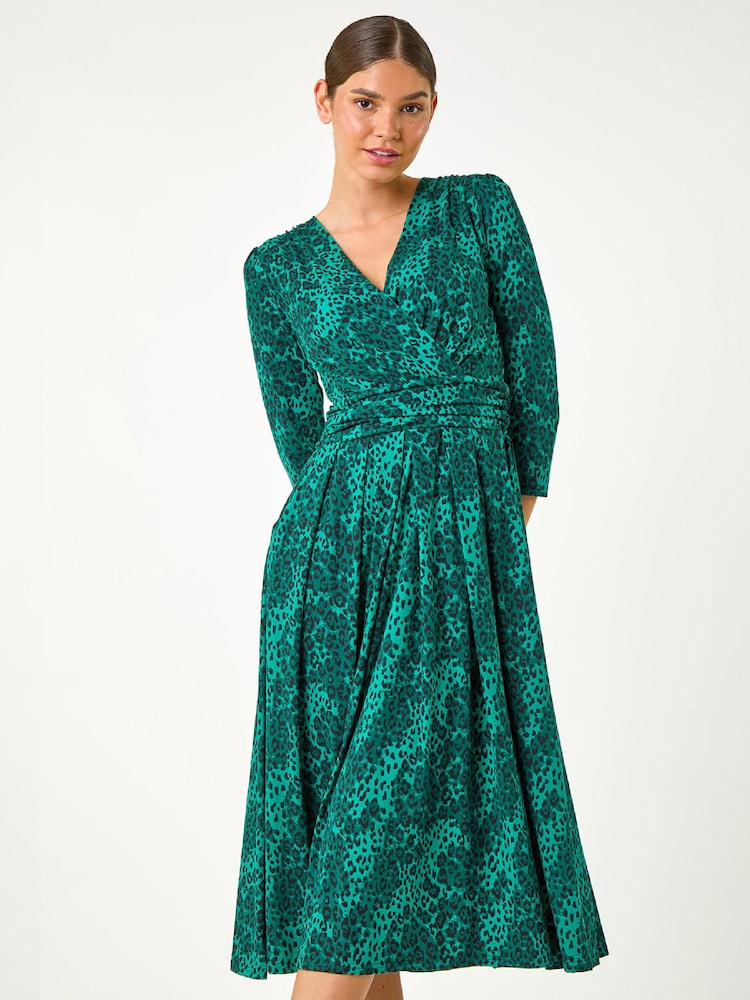 Roman Green Animal Print Mock Wrap Midi Dress - Image 2 of 5 Roman Green Animal Print Mock Wrap Midi Dress - Image 2 of 5