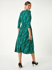 Roman Green Animal Print Mock Wrap Midi Dress - Image 3 of 5