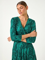 Roman Green Animal Print Mock Wrap Midi Dress - Image 4 of 5
