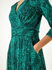 Roman Green Animal Print Mock Wrap Midi Dress - Image 5 of 5