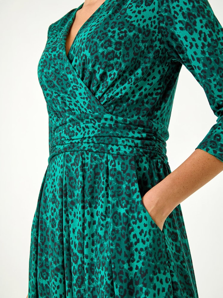Roman Green Animal Print Mock Wrap Midi Dress - Image 5 of 5 Roman Green Animal Print Mock Wrap Midi Dress - Image 5 of 5