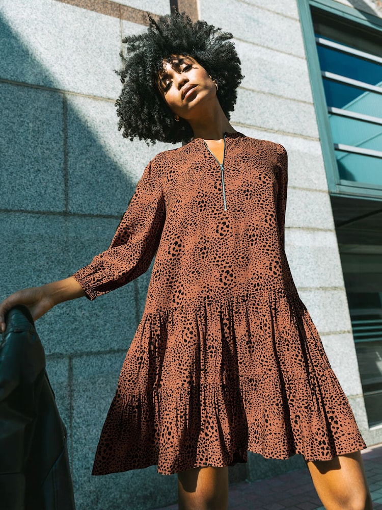Roman Brown Spot Print Zip Front Dress - Image 1 of 6 Roman Brown Spot Print Zip Front Dress - Image 1 of 6