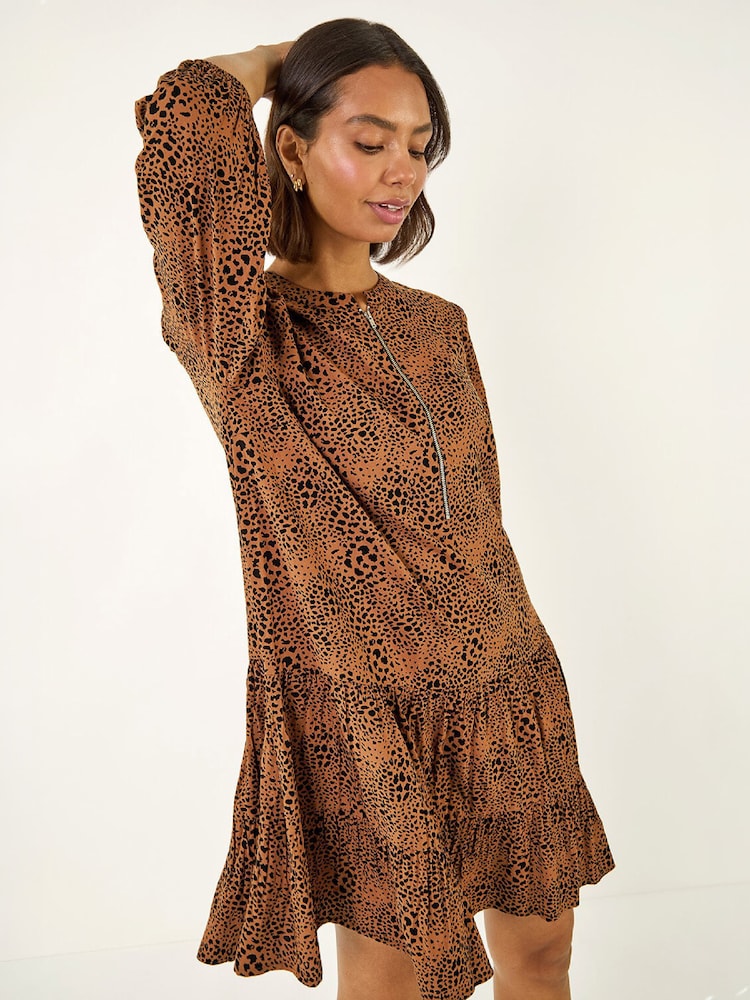Roman Brown Spot Print Zip Front Dress - Image 2 of 6 Roman Brown Spot Print Zip Front Dress - Image 2 of 6