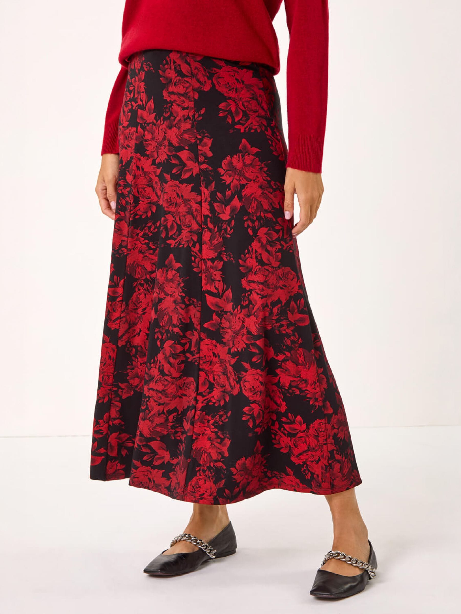 Roman Women's Rose Print A-Line Midi Skirt in Red | Size: 14 - Image 6