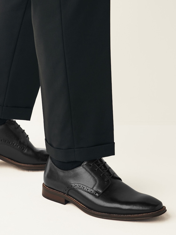Black Wide Fit Leather Contrast Sole Derby Shoes - Image 1 of 6
