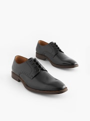 Black Wide Fit Leather Contrast Sole Derby Shoes - Image 2 of 6