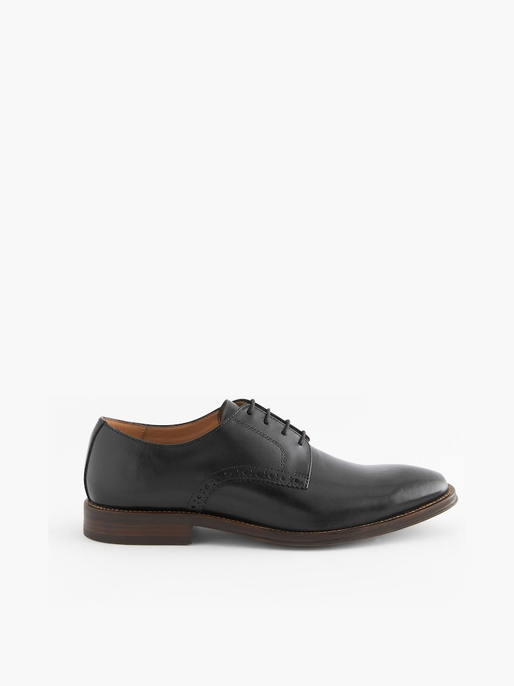 Black Wide Fit Leather Contrast Sole Derby Shoes - Image 3 of 6