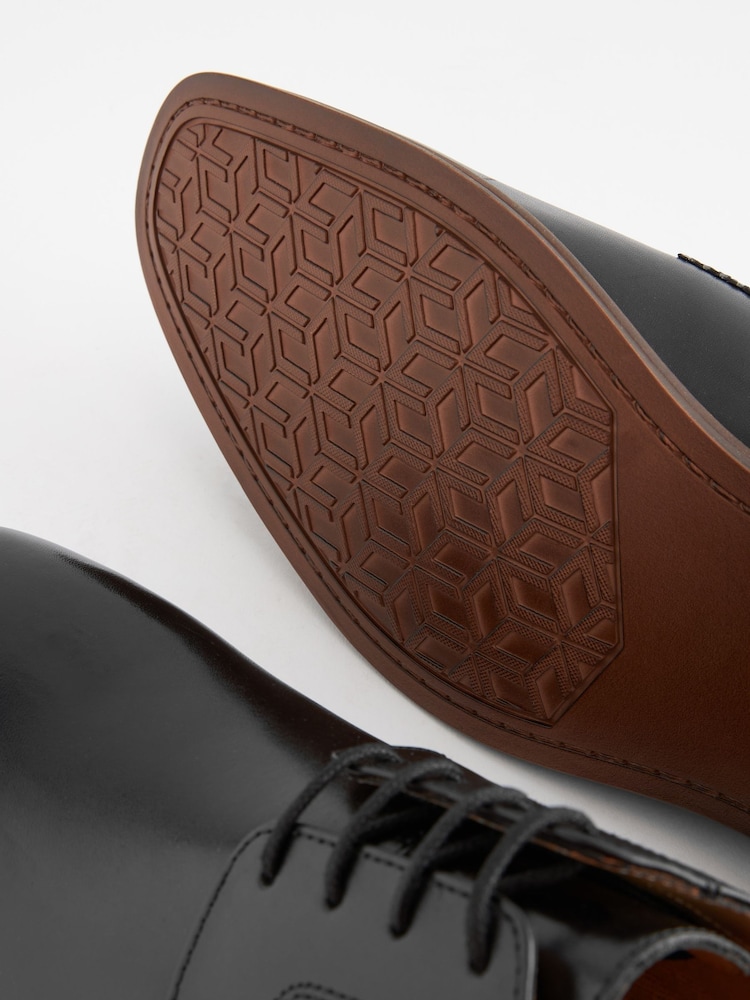 Black Wide Fit Leather Contrast Sole Derby Shoes - Image 6 of 6