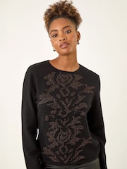 Roman Black Glitter Embossed Knit Top - Image 1 of 5