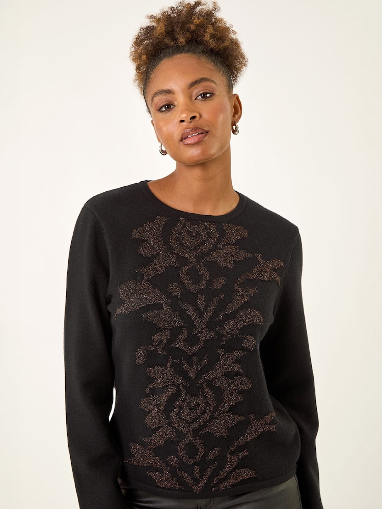 Roman Black Glitter Embossed Knit Top - Image 1 of 5 Roman Black Glitter Embossed Knit Top - Image 1 of 5