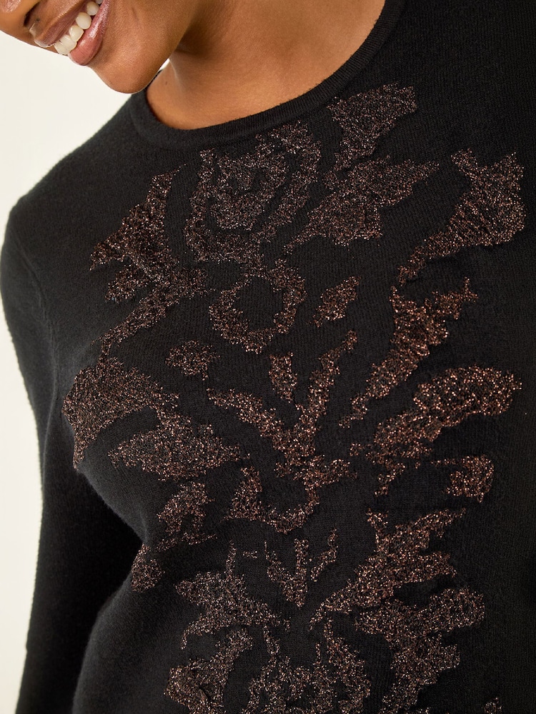 Roman Black Glitter Embossed Knit Top - Image 5 of 5 Roman Black Glitter Embossed Knit Top - Image 5 of 5
