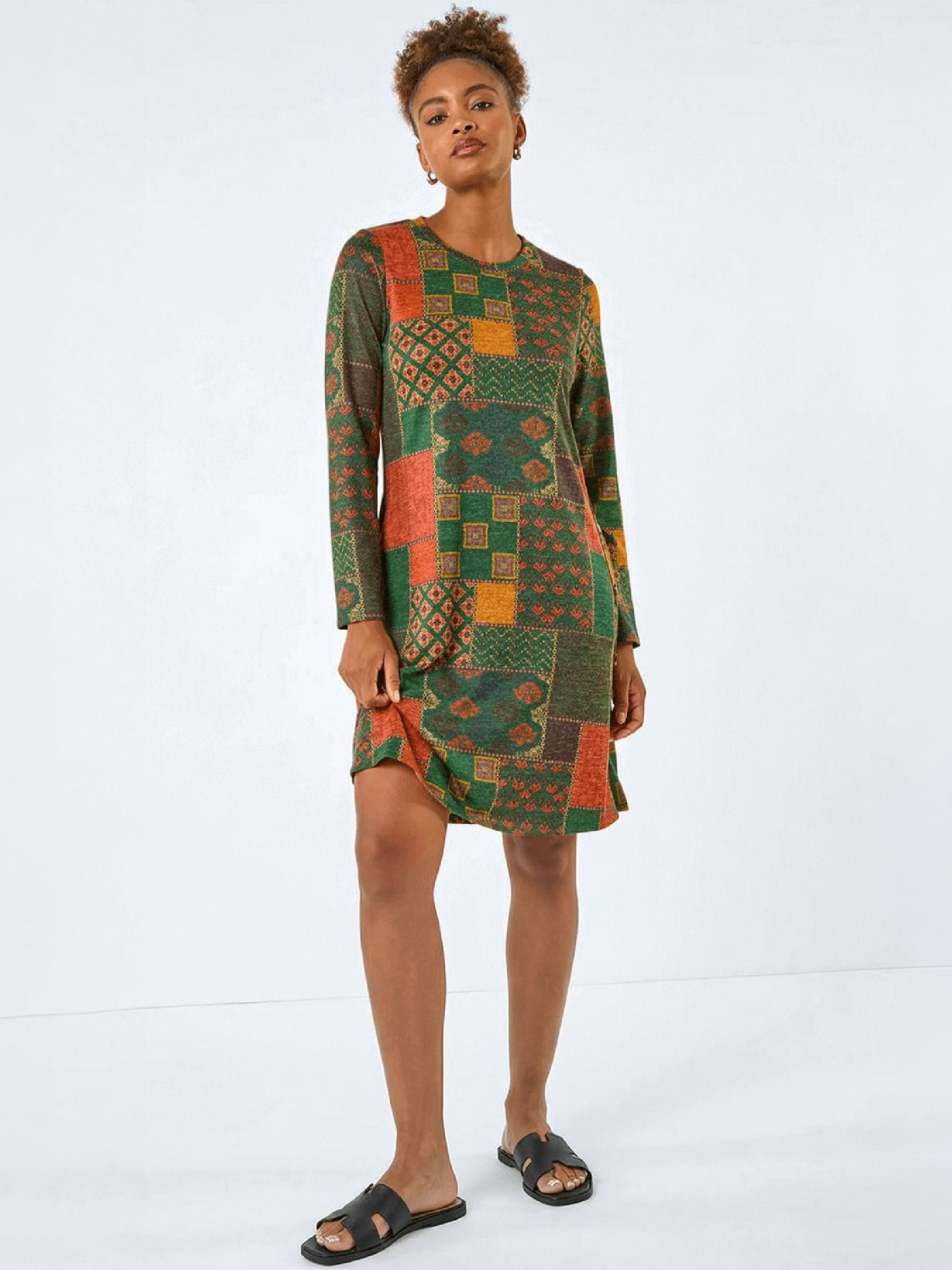 Roman Women's Green Patchwork Print Button Swing Dress In Size 10 - Image 1