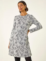 Roman Grey Floral Print Side Button Stretch Dress - Image 1 of 5