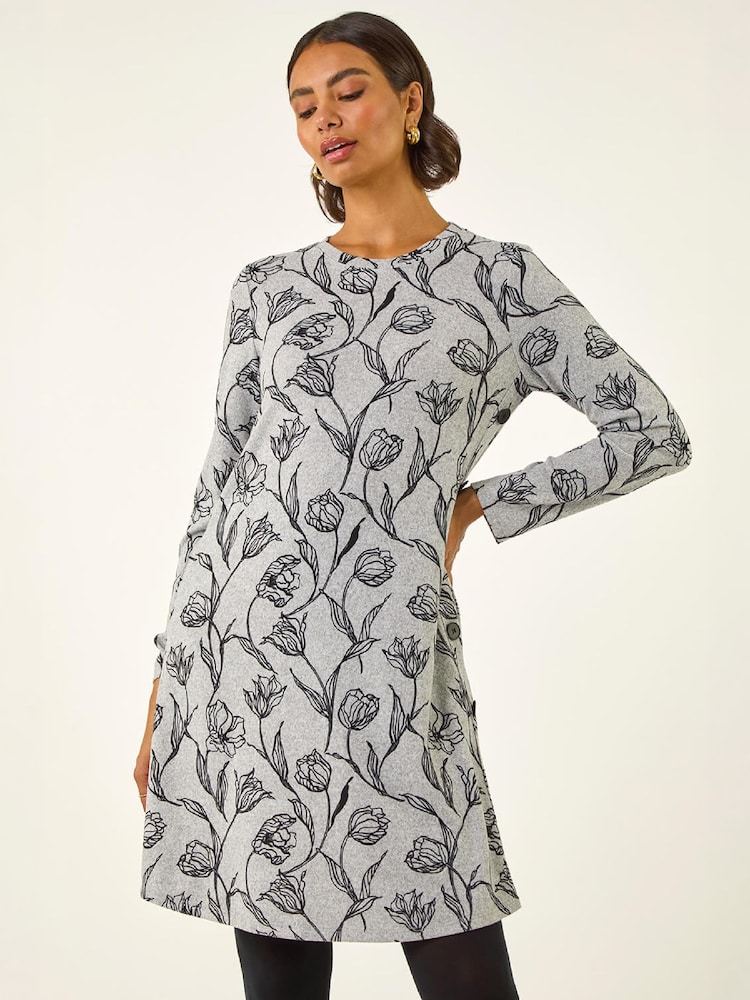 Roman Grey Floral Print Side Button Stretch Dress - Image 1 of 5 Roman Grey Floral Print Side Button Stretch Dress - Image 1 of 5