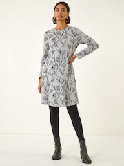 Roman Grey Floral Print Side Button Stretch Dress - Image 2 of 5