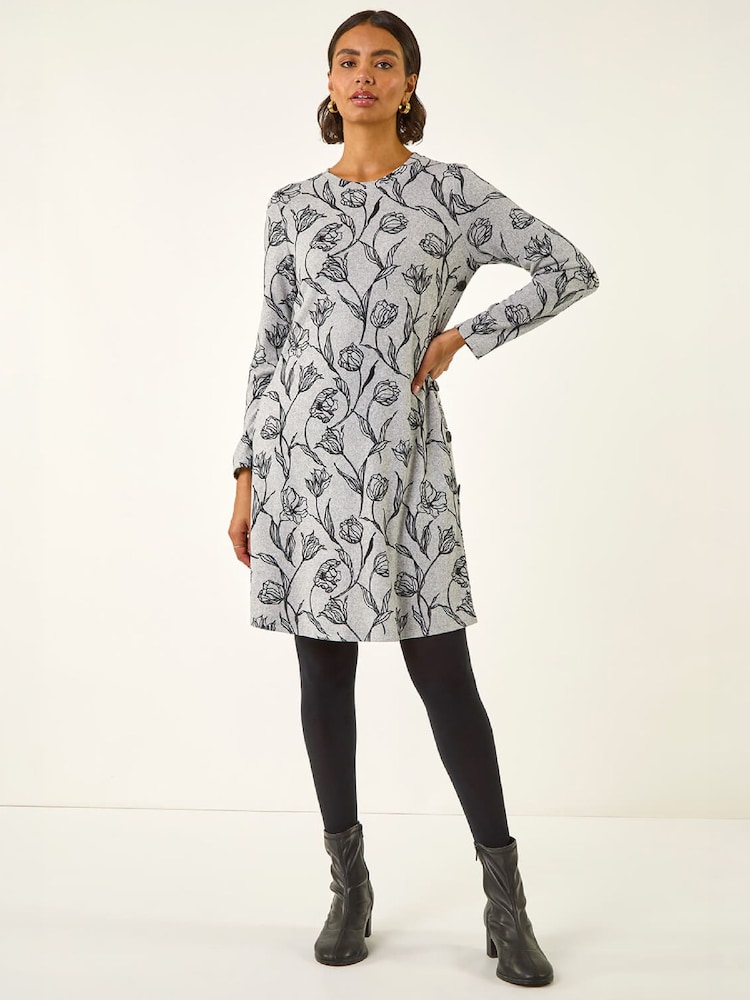 Roman Grey Floral Print Side Button Stretch Dress - Image 2 of 5 Roman Grey Floral Print Side Button Stretch Dress - Image 2 of 5