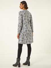 Roman Grey Floral Print Side Button Stretch Dress - Image 3 of 5