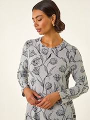 Roman Grey Floral Print Side Button Stretch Dress - Image 4 of 5
