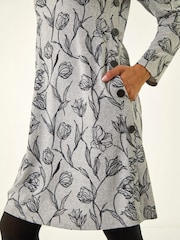Roman Grey Floral Print Side Button Stretch Dress - Image 5 of 5