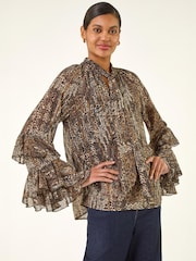 Roman Animal Print Tie Front Flared Top - Image 1 de 5