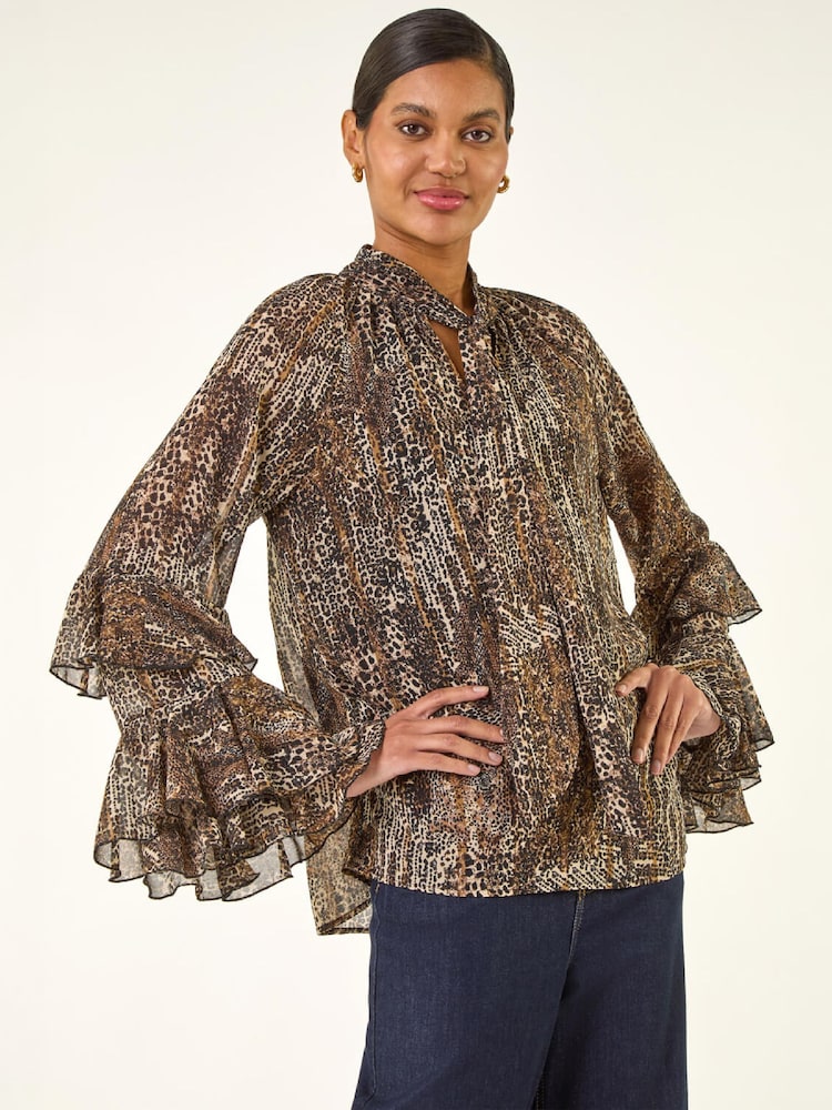 Roman Animal Print Tie Front Flared Top - Image 1 de 5