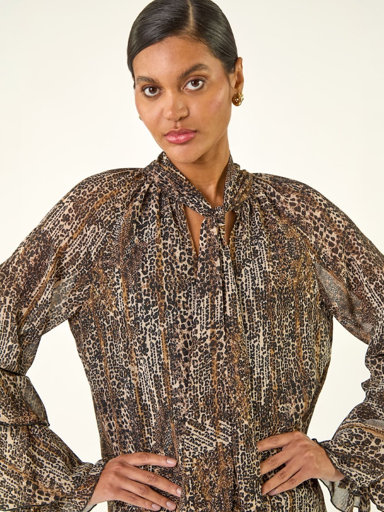 Roman Animal Print Tie Front Flared Top - Image 2 de 5