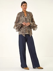 Roman Animal Print Tie Front Flared Top - Image 4 de 5