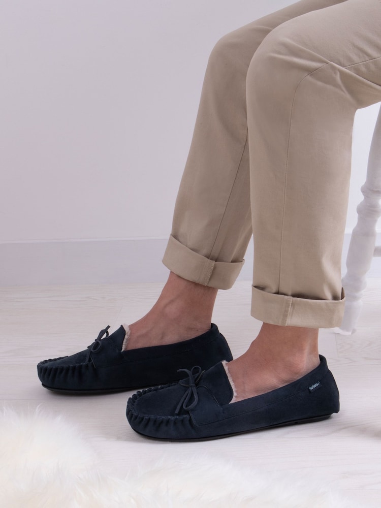 Totes Navy Mens Suedette Moccasin Slippers - Image 1 of 5