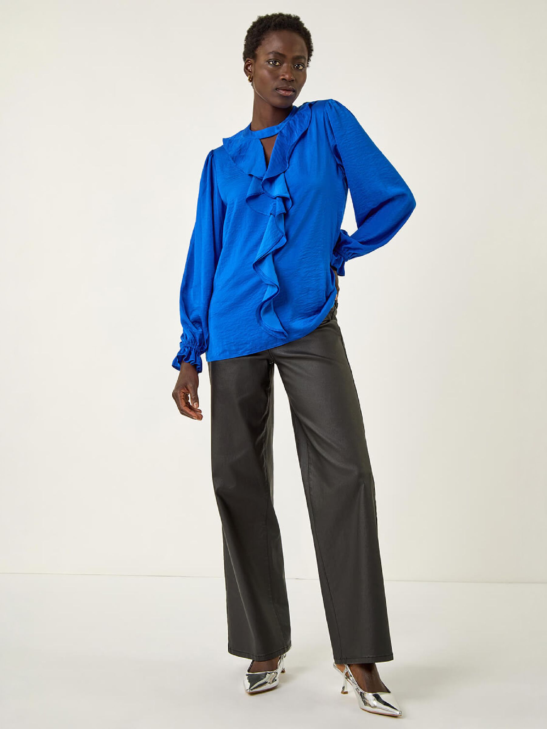 Roman Women's Royal Ruffle Front Keyhole Satin Top In | Size: 16 - Image 4