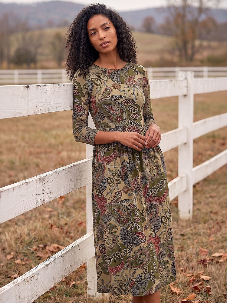 Roman Green Paisley Print Stretch Midi Dress - Image 1 of 4 Roman Green Paisley Print Stretch Midi Dress - Image 1 of 4