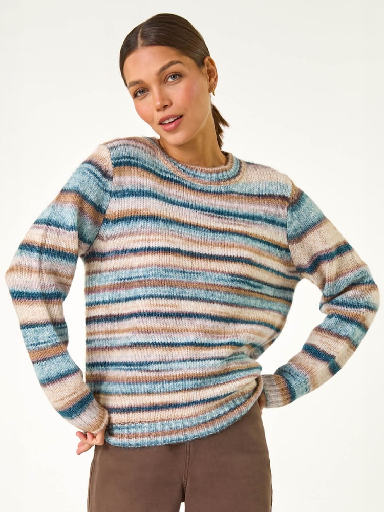 Roman Blue Wool Blend Striped Stretch Jumper - Image 1 of 5 Roman Blue Wool Blend Striped Stretch Jumper - Image 1 of 5