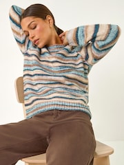 Roman Blue Wool Blend Striped Stretch Jumper - Image 4 of 5