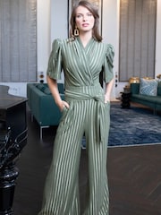 Hot Squash Green Wide Leg Gold Stripe Jumpsuit - Imagen 1 de 5