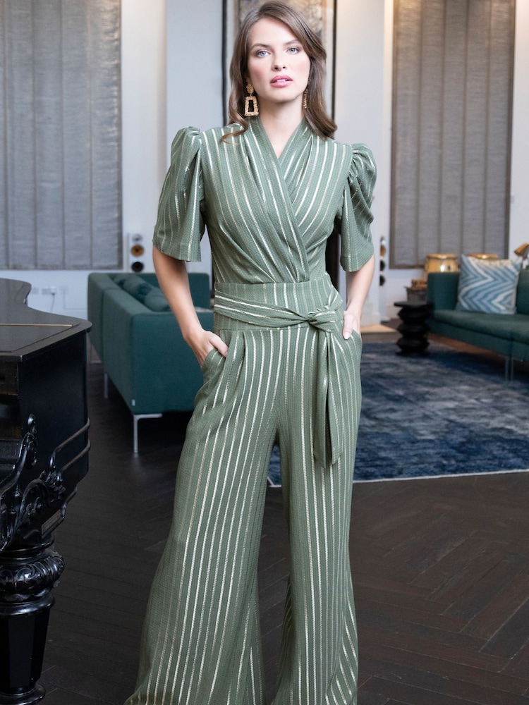 Hot Squash Green Wide Leg Gold Stripe Jumpsuit - Imagen 1 de 5
