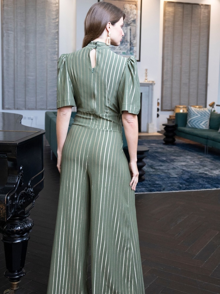 Hot Squash Green Wide Leg Gold Stripe Jumpsuit - Imagen 2 de 5