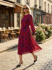 Roman Purple Animal Print Shirred Midi Dress - Image 1 of 6