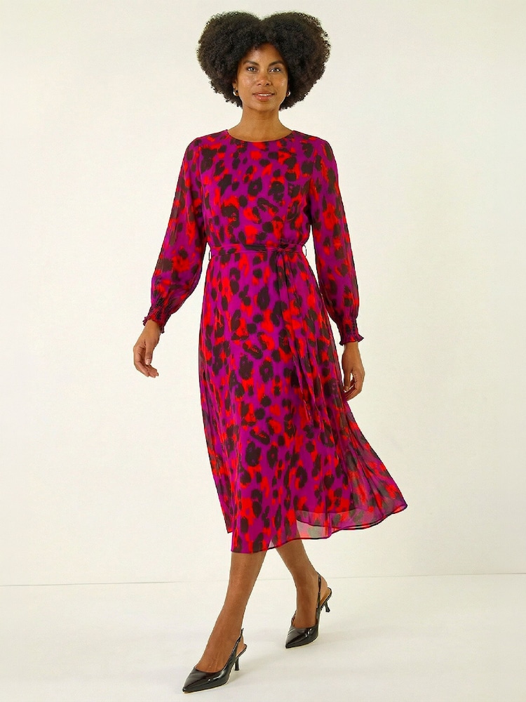 Roman Purple Animal Print Shirred Midi Dress - Image 2 of 6 Roman Purple Animal Print Shirred Midi Dress - Image 2 of 6