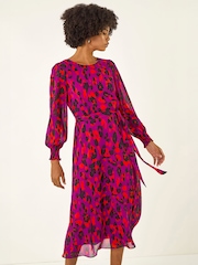 Roman Purple Animal Print Shirred Midi Dress - Image 3 of 6