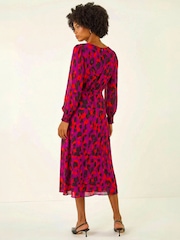 Roman Purple Animal Print Shirred Midi Dress - Image 4 of 6