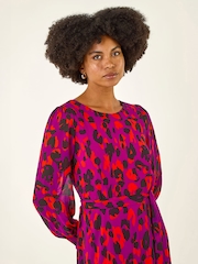 Roman Purple Animal Print Shirred Midi Dress - Image 5 of 6
