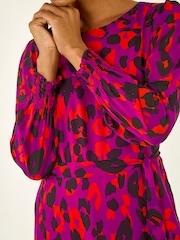 Roman Purple Animal Print Shirred Midi Dress - Image 6 of 6