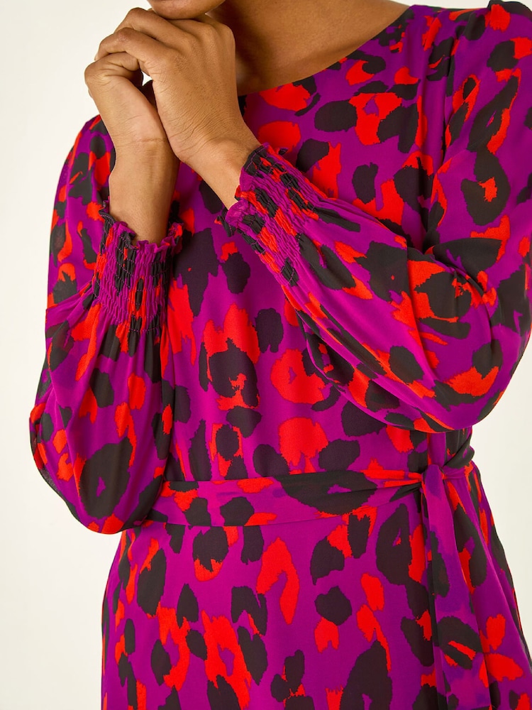 Roman Purple Animal Print Shirred Midi Dress - Image 6 of 6 Roman Purple Animal Print Shirred Midi Dress - Image 6 of 6