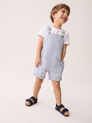 Blue/White Stripe Ticking Stripe Linen Blend Dungarees (3mths-7yrs) - Image 1 of 9