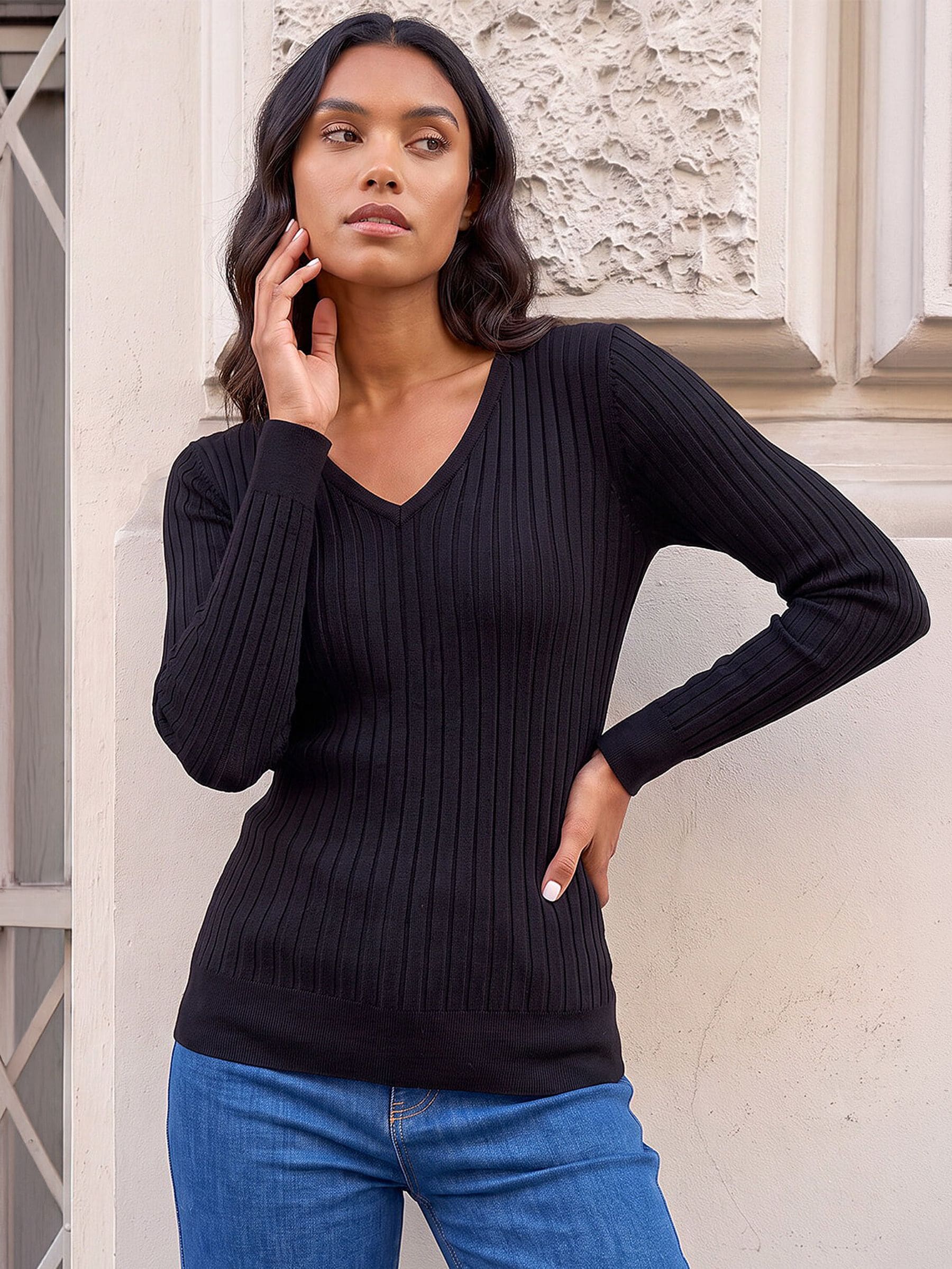 Roman Women's Black V-Neck Ribbed Knit Jumper - Image 1