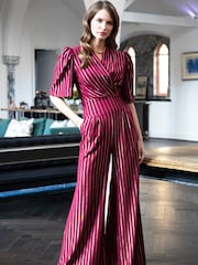 Hot Squash Red Wide Leg Gold Stripe Jumpsuit - Image 1 of 6