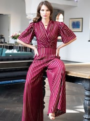 Hot Squash Red Wide Leg Gold Stripe Jumpsuit - Image 2 of 6